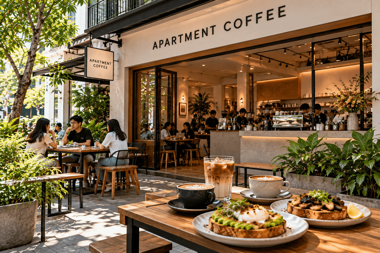 Apartment Coffee in Singapore with specialty coffee, brunch dishes, outdoor seating and a leafy café setting