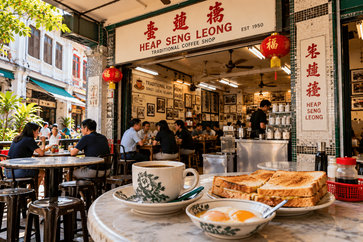 Heap Seng Leong traditional coffee shop with Singapore kopi, kaya toast and soft-boiled eggs