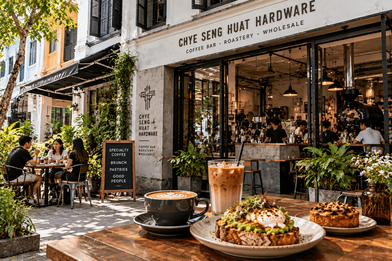 Chye Seng Huat Hardware café with specialty coffee, brunch dishes, heritage architecture and outdoor seating
