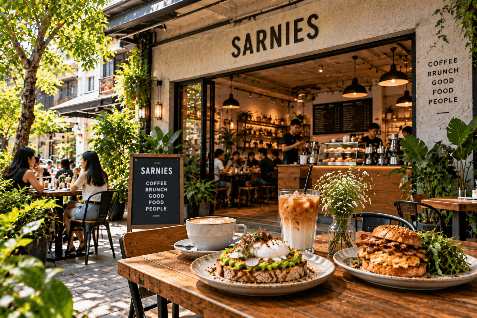 Sarnies café in Singapore with coffee, brunch dishes, outdoor seating and a leafy urban setting