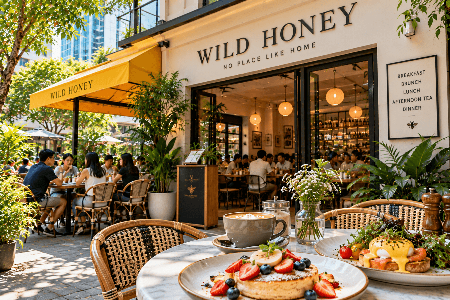 Wild Honey café in Singapore with outdoor seating, coffee, pancakes and eggs Benedict