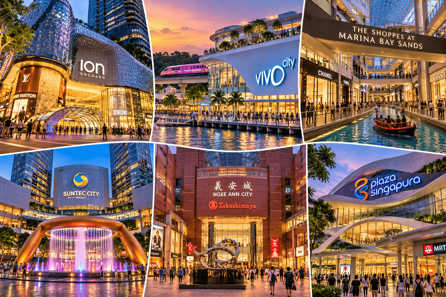 Collage of six famous shopping malls in Singapore, including ION Orchard, VivoCity, The Shoppes at Marina Bay Sands, Suntec City Mall, Ngee Ann City (Takashimaya), and Plaza Singapura.