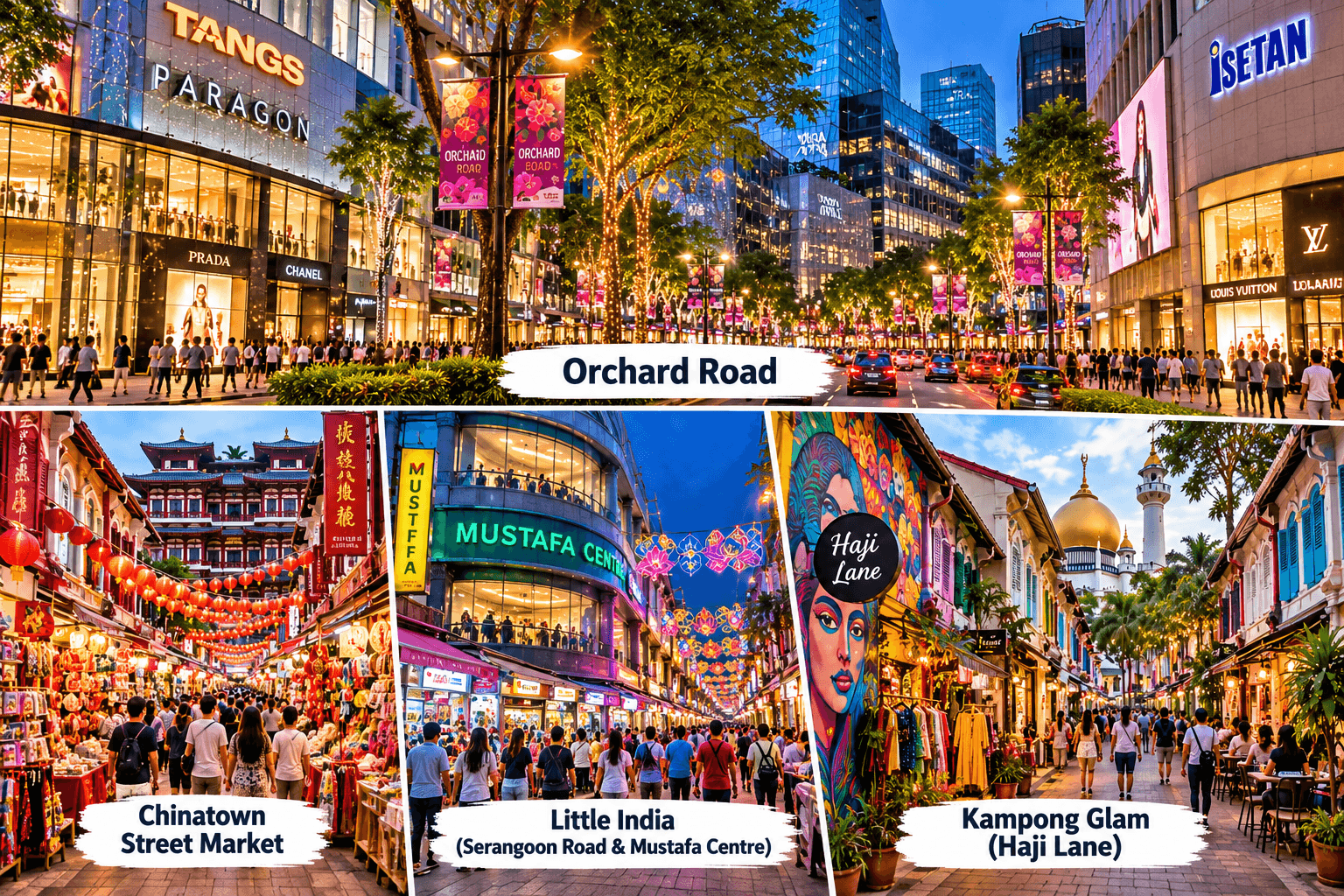 Singapore shopping streets and areas featuring Orchard Road, Chinatown Street Market, Little India around Serangoon Road and Mustafa Centre, and Kampong Glam’s Haji Lane.