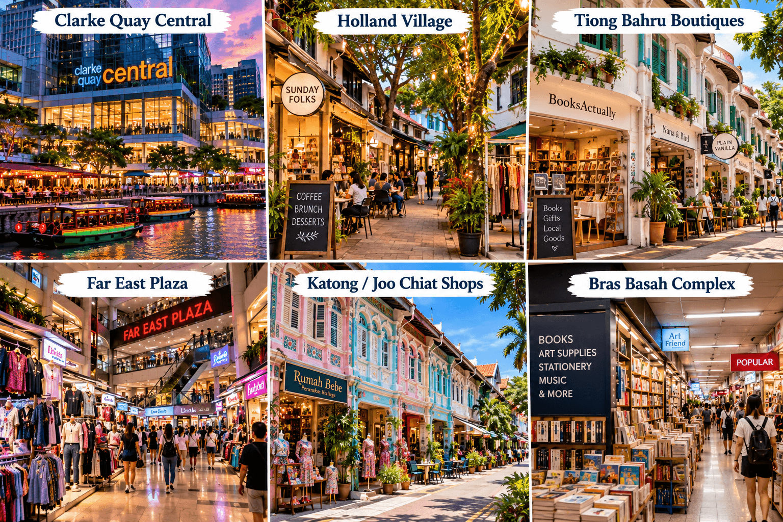 Collage of must-visit shopping places in Singapore, including Clarke Quay Central, Holland Village, Tiong Bahru boutiques, Far East Plaza, Katong and Joo Chiat shops, and Bras Basah Complex.
