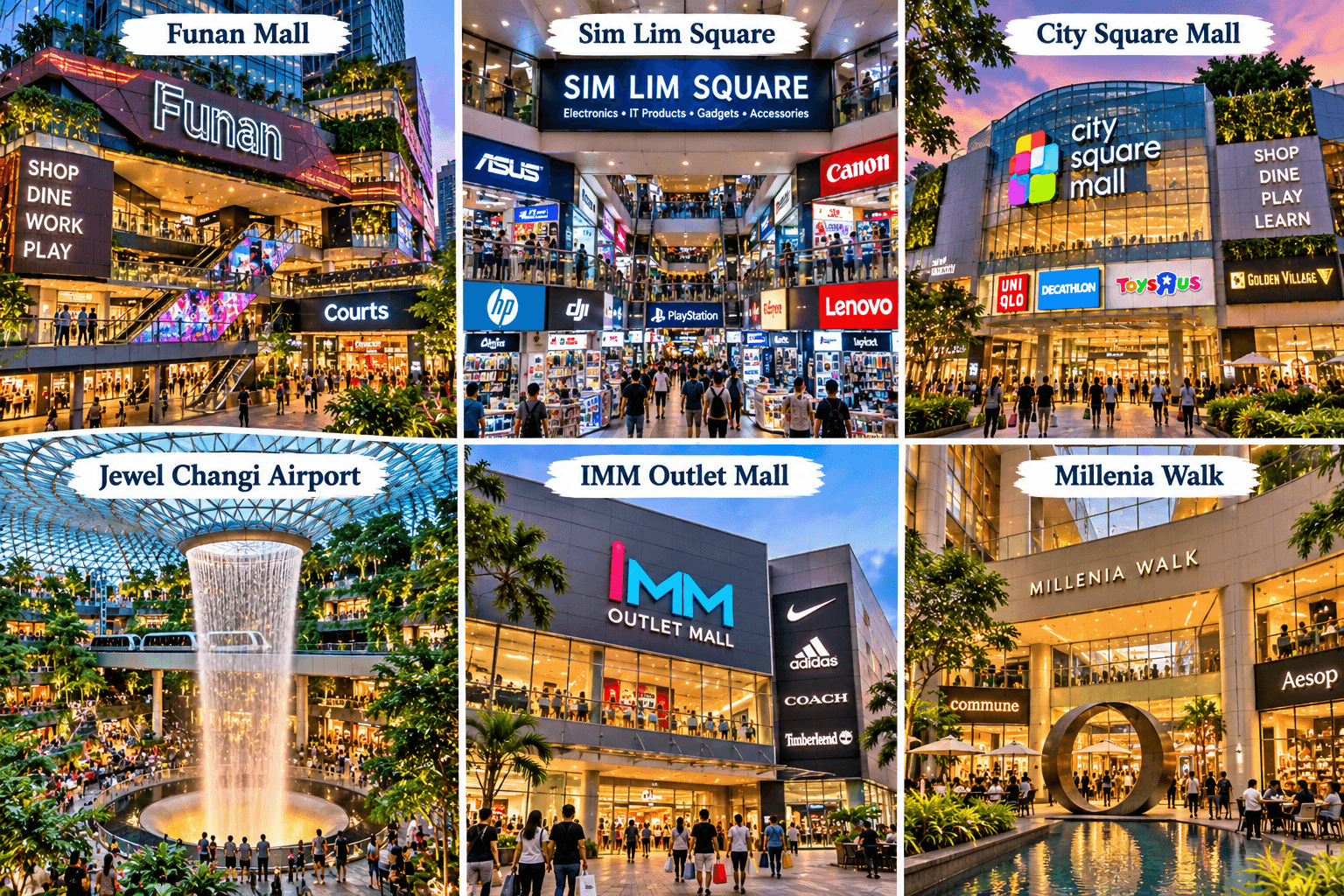 Six tech and lifestyle shopping destinations in Singapore, featuring Funan Mall, Sim Lim Square, City Square Mall, Jewel Changi Airport, IMM Outlet Mall, and Millenia Walk.