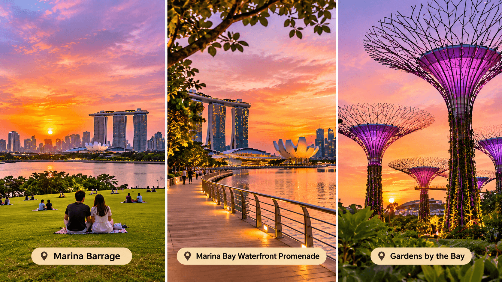 Sunset views of Marina Barrage, Marina Bay Waterfront Promenade, and Gardens by the Bay in Singapore.