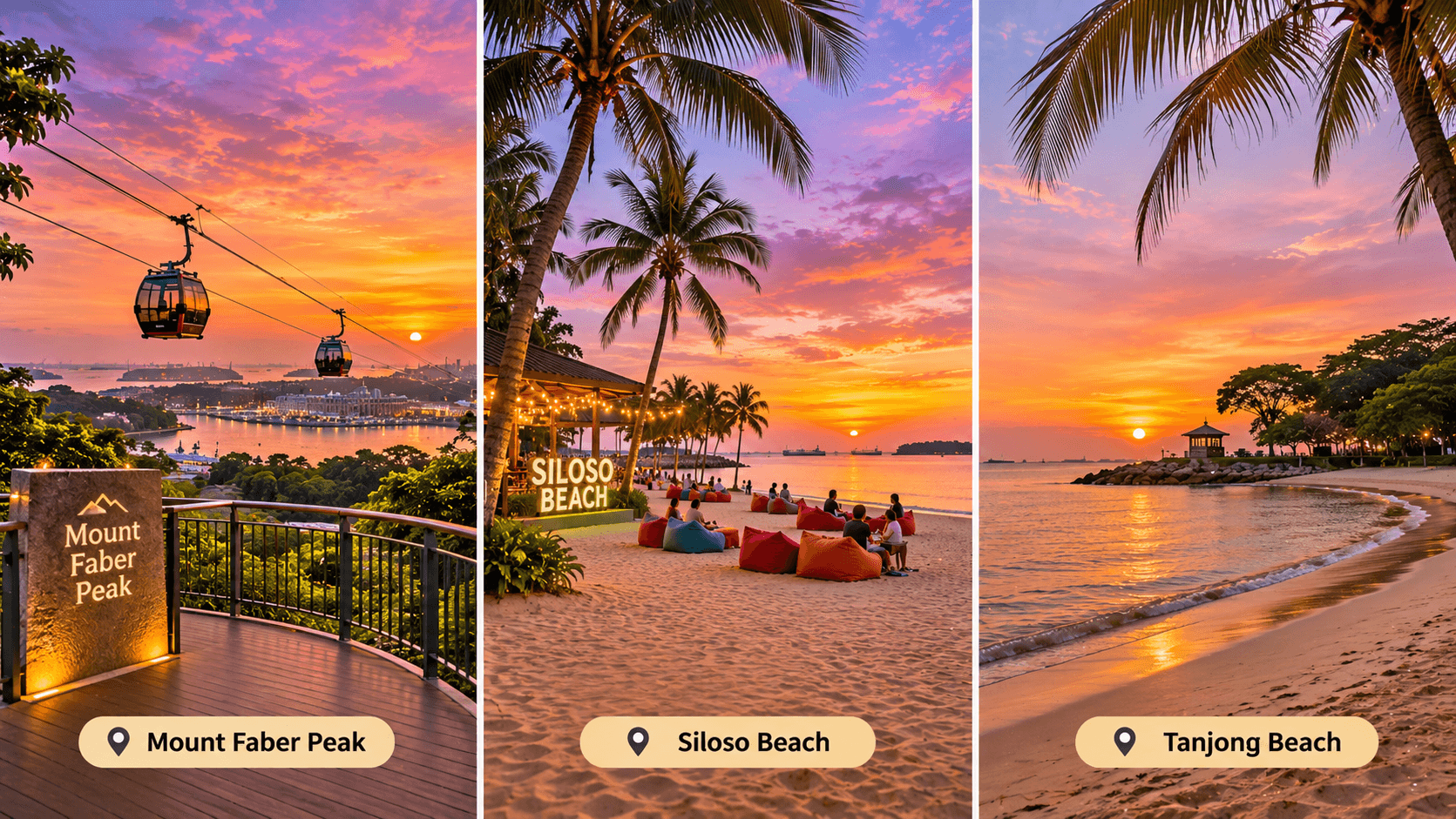 Sunset scenery at Mount Faber Peak, Siloso Beach, and Tanjong Beach in Singapore.