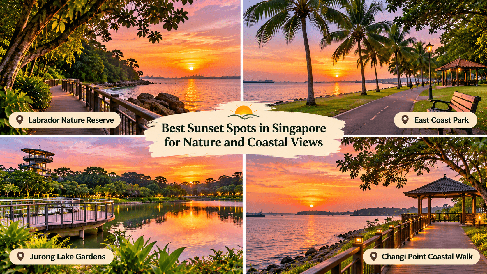 Sunset views at Labrador Nature Reserve, East Coast Park, Jurong Lake Gardens, and Changi Point Coastal Walk in Singapore.