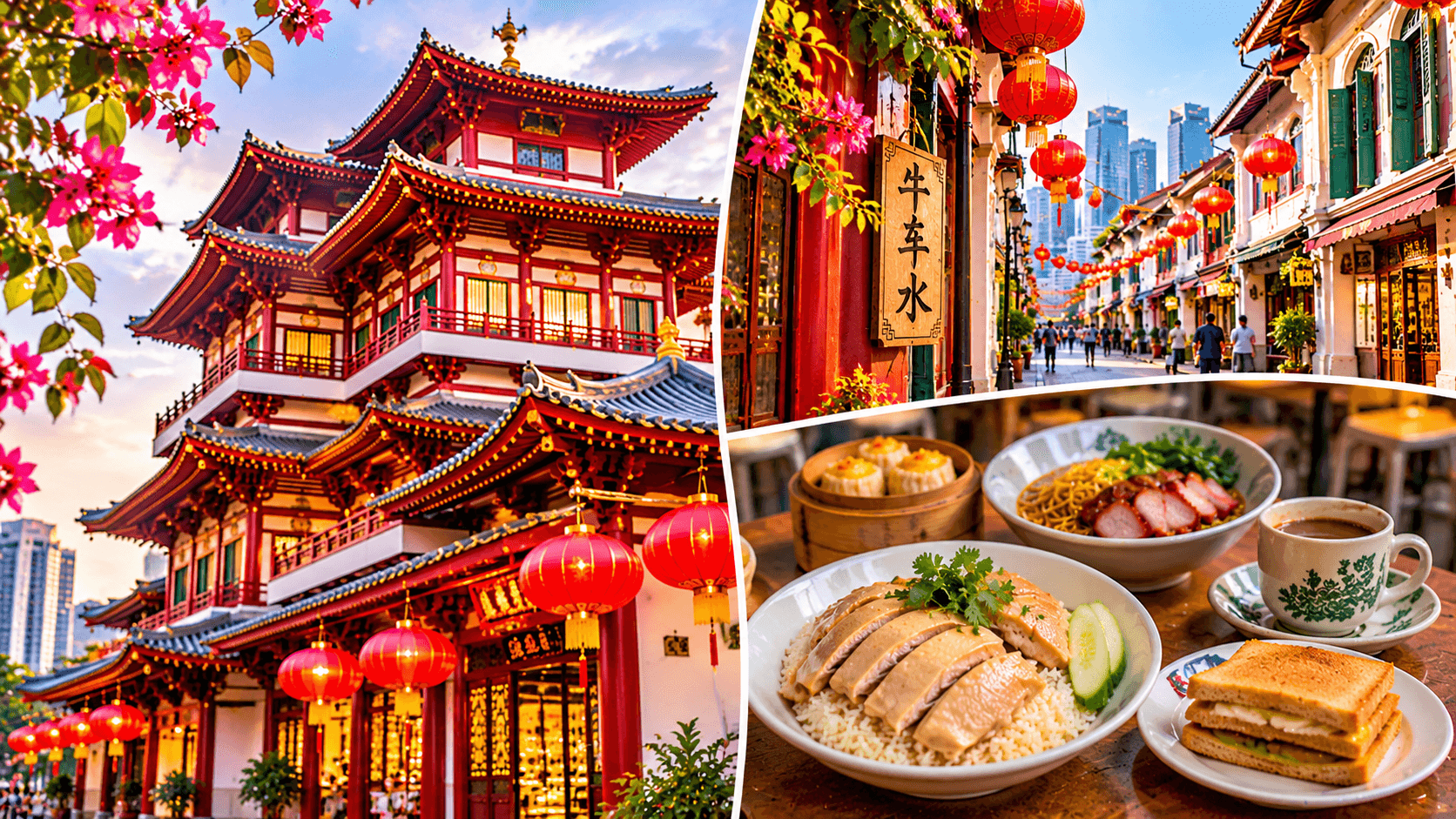 Colourful heritage shophouses, red lanterns, and a traditional temple along a historic street in Singapore.