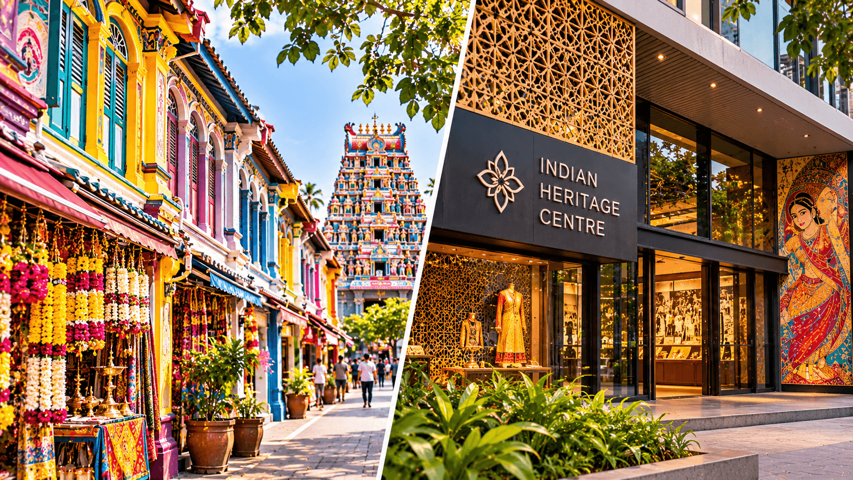 Indian heritage in Singapore featuring colourful Little India streets, traditional temple architecture, and the Indian Heritage Centre.