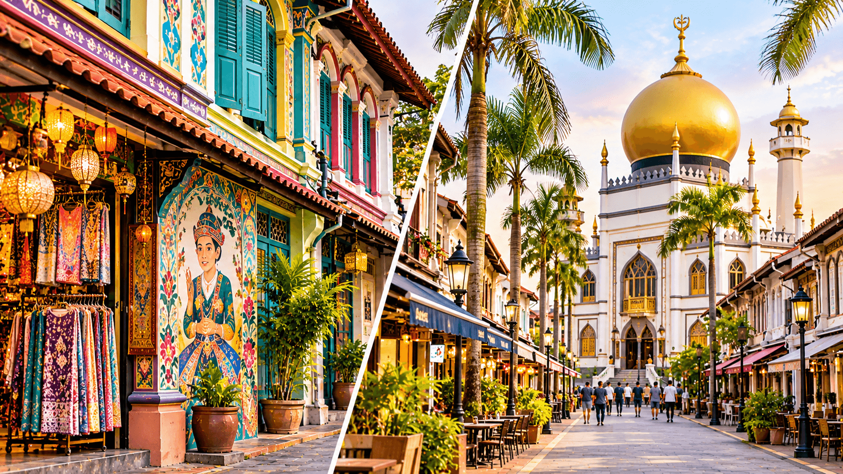 Malay and Muslim heritage in Singapore featuring traditional Kampong Gelam shophouses and the golden-domed Sultan Mosque.