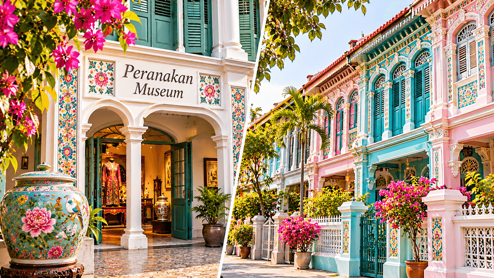 Peranakan heritage in Singapore featuring the Peranakan Museum, traditional decorative ceramics, and colourful Katong-Joo Chiat shophouses.