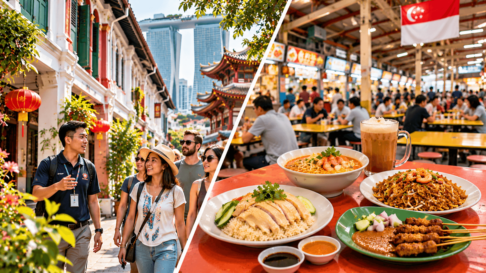 Singapore cultural walking tour through a historic neighbourhood alongside a hawker centre serving local dishes such as chicken rice, laksa, and satay.