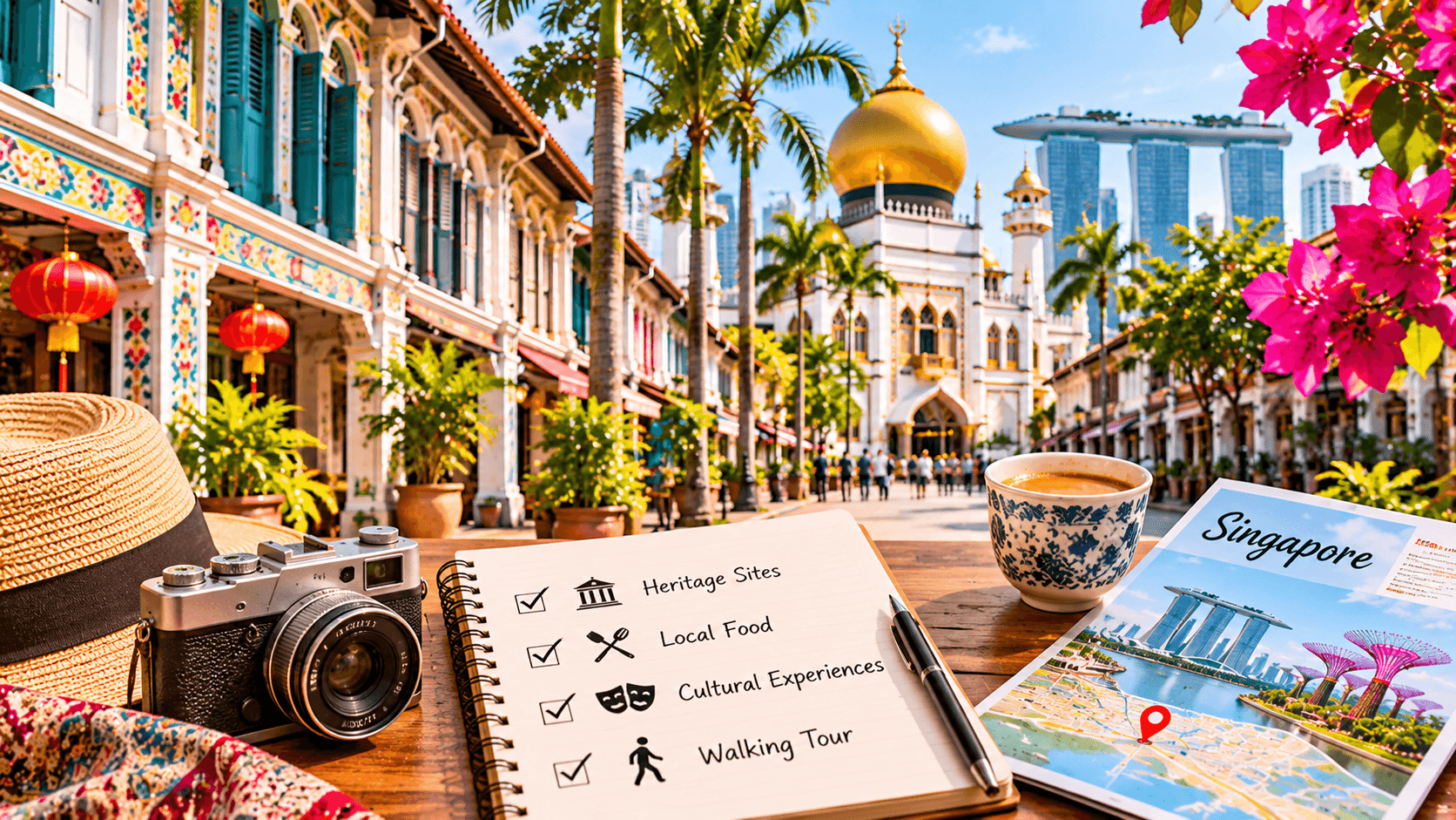 Singapore travel planning scene featuring a cultural itinerary, camera, map, and heritage landmarks in the background.