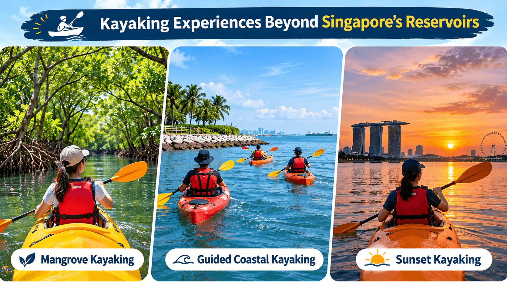 Different kayaking experiences in Singapore, including mangrove kayaking, guided coastal kayaking, and sunset paddling.