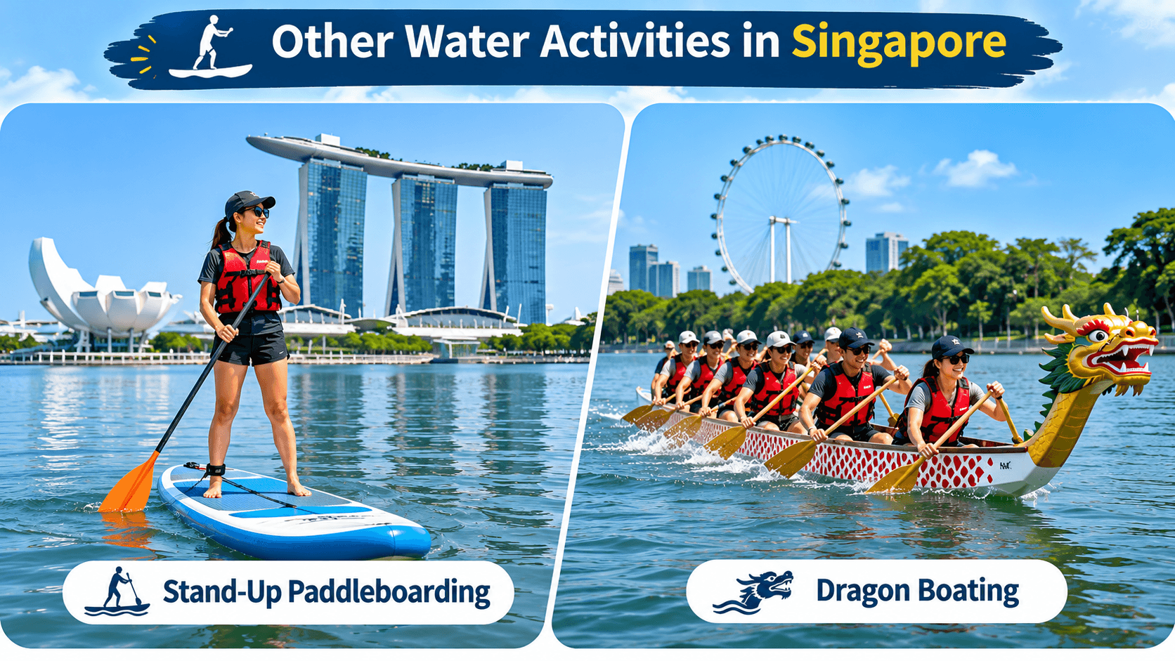 Water activities in Singapore featuring stand-up paddleboarding near Marina Bay and a dragon boating team paddling together.