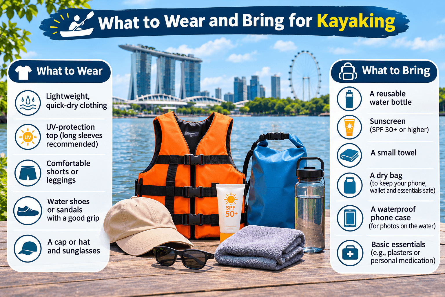 Essential kayaking gear and clothing, including a life jacket, quick-dry clothes, water shoes, sunscreen, a dry bag, and a water bottle.