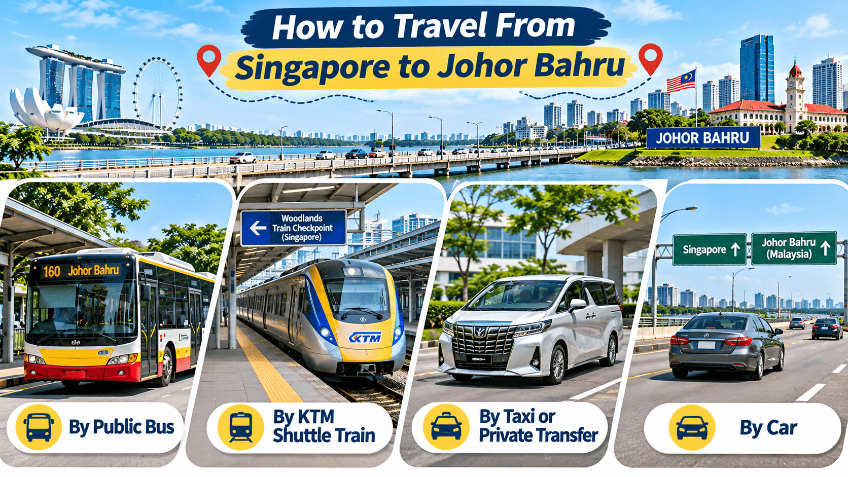 Transport options for travelling from Singapore to Johor Bahru, including public buses, KTM Shuttle Tebrau trains, private transfers, and cars.