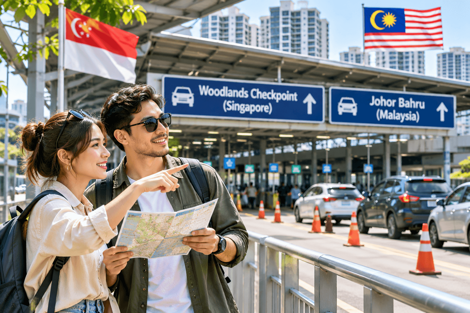 Couple discussing their Singapore to Johor Bahru border crossing plans near the Woodlands Checkpoint.