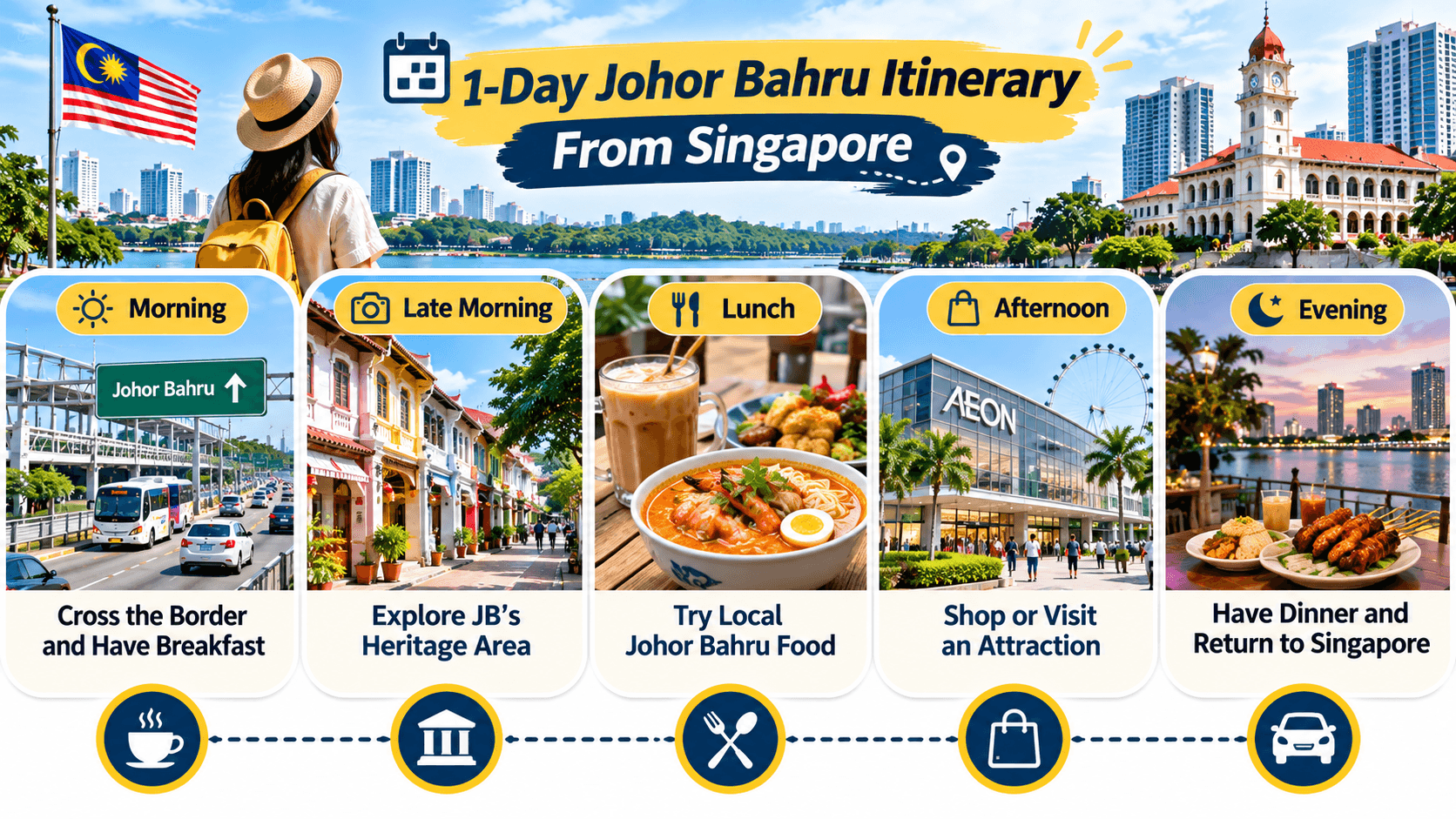 Johor Bahru day trip from Singapore featuring a morning border crossing, heritage sightseeing, local food, afternoon shopping, and dinner.