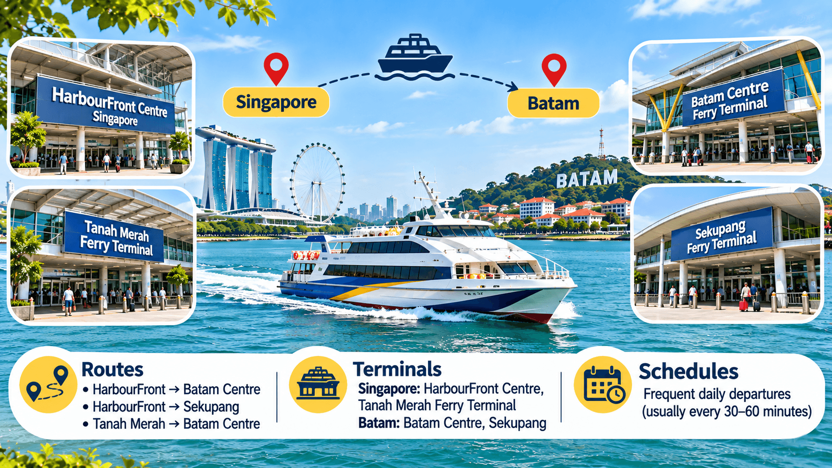 Singapore to Batam ferry routes connecting HarbourFront and Tanah Merah terminals with Batam Centre and Sekupang.