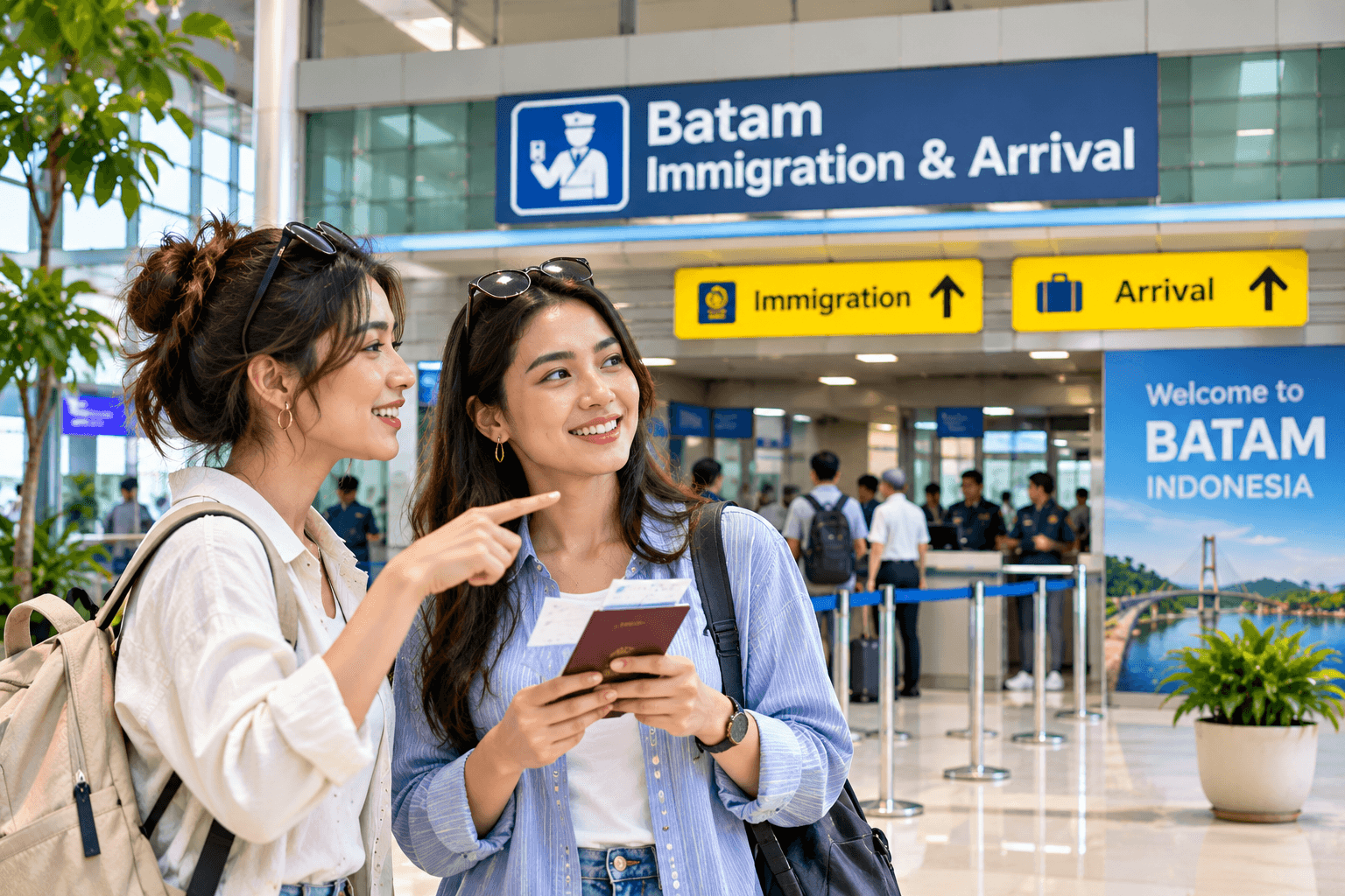 Two travellers discussing their arrival and immigration process at Batam ferry terminal while holding their passports.