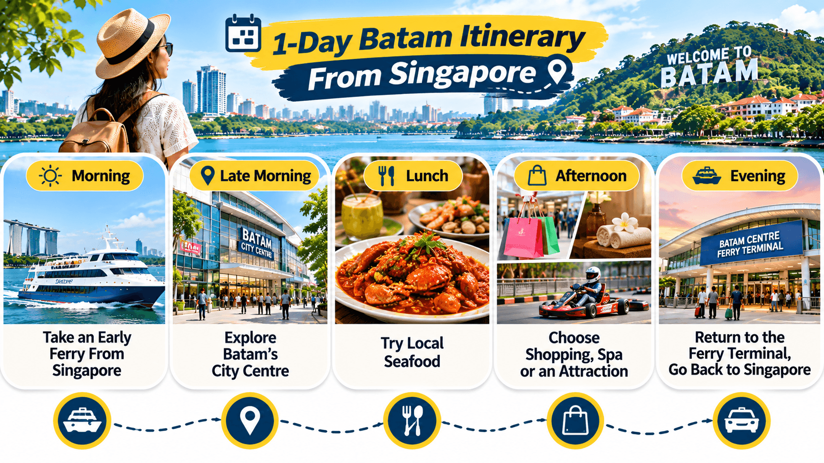 Batam day trip from Singapore featuring an early ferry ride, city sightseeing, local seafood, shopping, spa experiences, and the return journey.