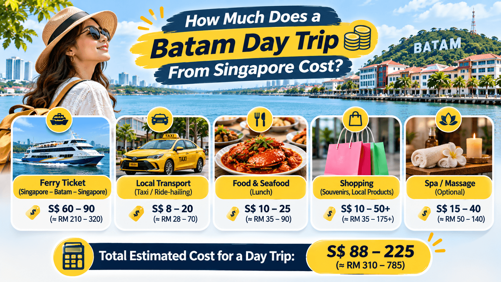Estimated Singapore to Batam day trip cost covering return ferry tickets, local transport, seafood, shopping, and optional spa treatments.