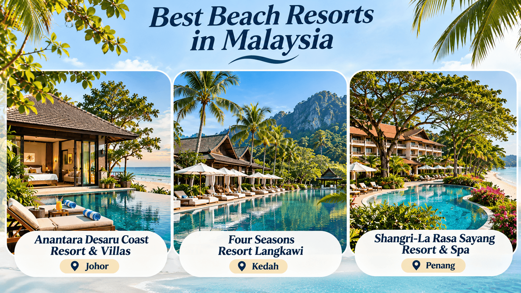 Best beach resorts in Malaysia, featuring Anantara Desaru Coast Resort in Johor, Four Seasons Resort Langkawi in Kedah, and Shangri-La Rasa Sayang in Penang.