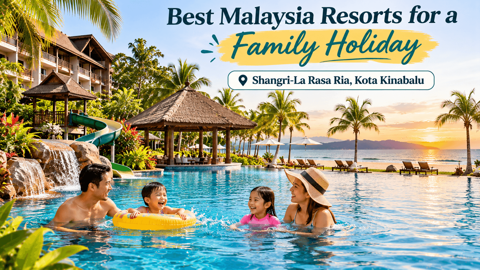 Family enjoying the swimming pool at a tropical Malaysia resort, with beachfront facilities and lush gardens at Shangri-La Rasa Ria in Kota Kinabalu.