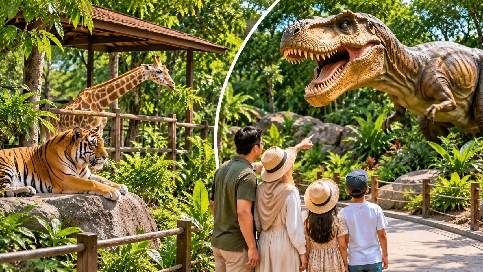 Live zoo animals and a giant animatronic T-Rex representing Zoo Teruntum, Malaysia's first hybrid zoo in Kuantan.
