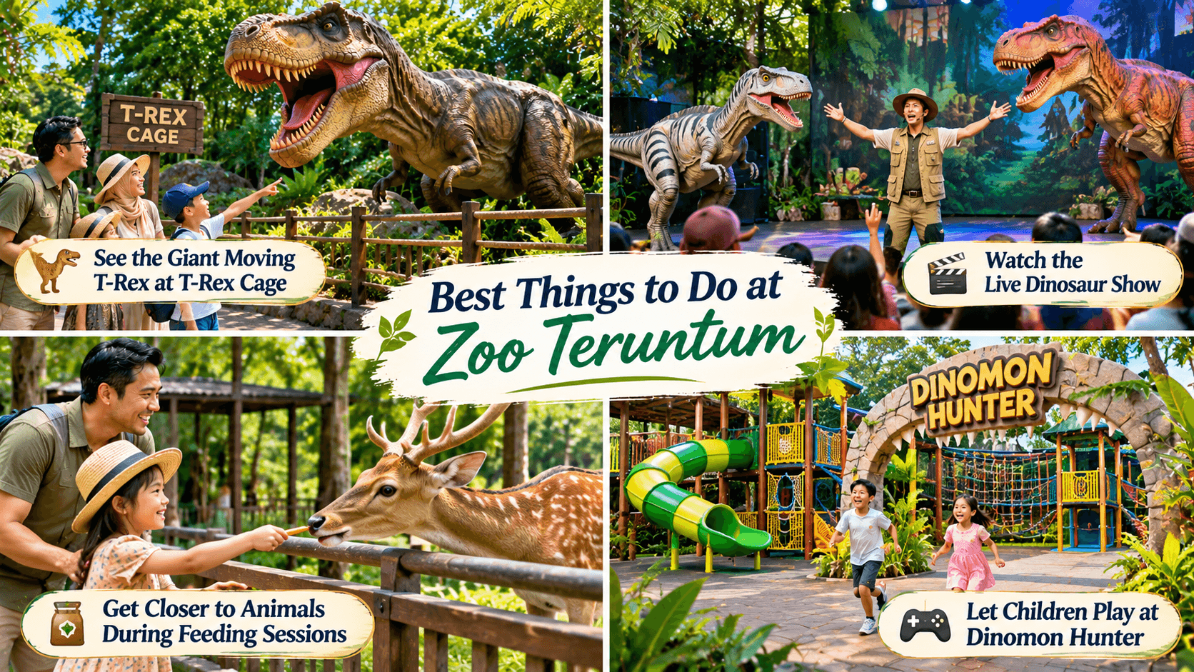 Things to do at Zoo Teruntum, including seeing the moving T-Rex, watching a dinosaur show, joining animal feeding sessions, and exploring Dinomon Hunter.