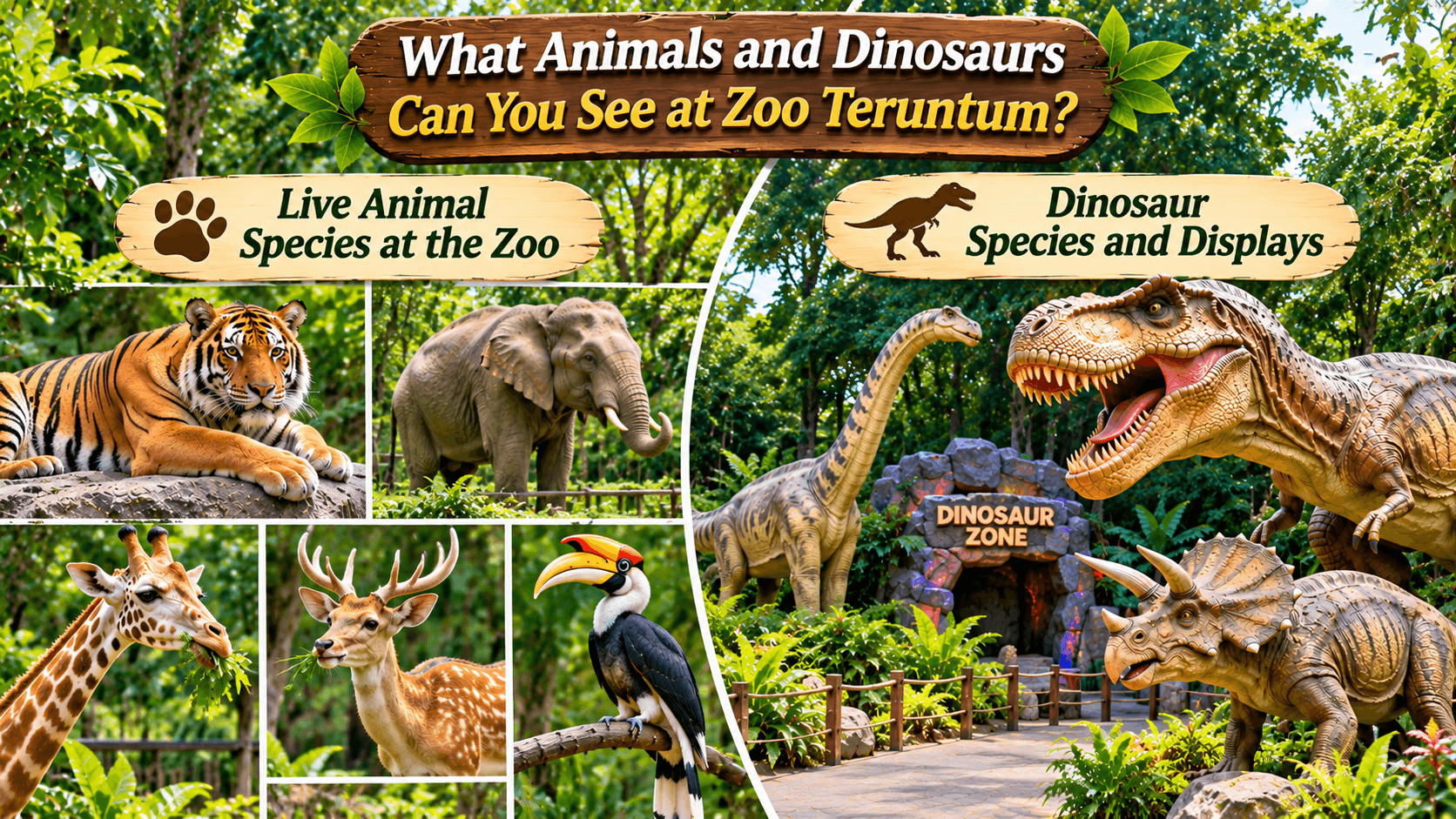 Zoo Teruntum animal and dinosaur displays featuring wildlife such as tigers, giraffes, deer, and hornbills alongside animatronic dinosaurs.