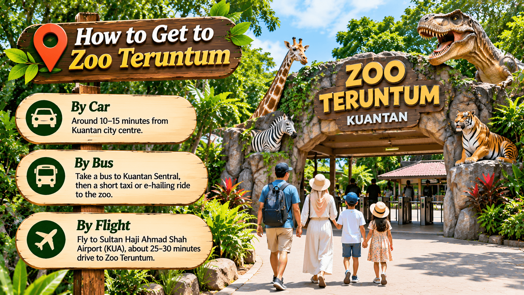 How to get to Zoo Teruntum in Kuantan, with travel options by car, bus, and flight to Sultan Haji Ahmad Shah Airport.