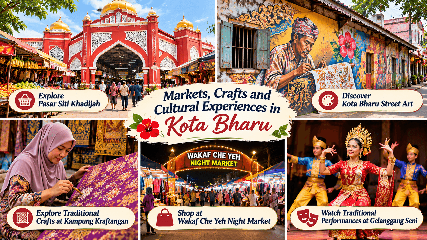 Kota Bharu markets and cultural experiences featuring Pasar Siti Khadijah, traditional batik crafts, street art, Wakaf Che Yeh Night Market, and local performances.