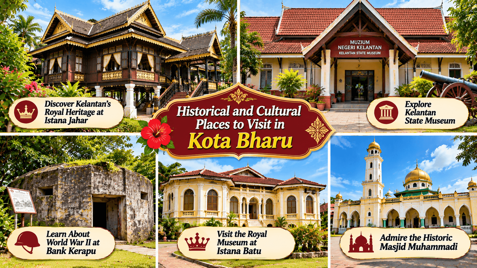 Historical places in Kota Bharu featuring Istana Jahar, Kelantan State Museum, Bank Kerapu, Istana Batu, and Masjid Muhammadi.