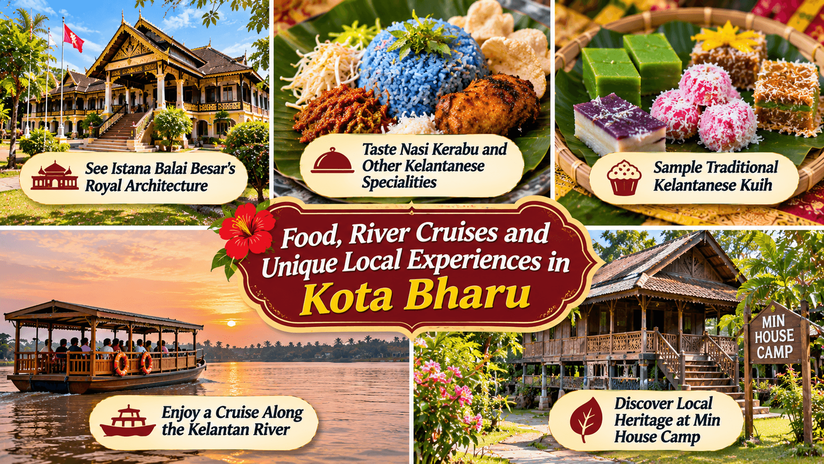 Kota Bharu experiences featuring Istana Balai Besar, traditional Kelantanese food, a Kelantan River cruise, and Min House Camp.