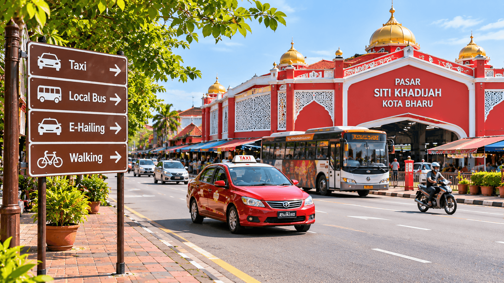 Local transport in Kota Bharu, including taxis, buses, motorcycles, and walking routes near Pasar Siti Khadijah.