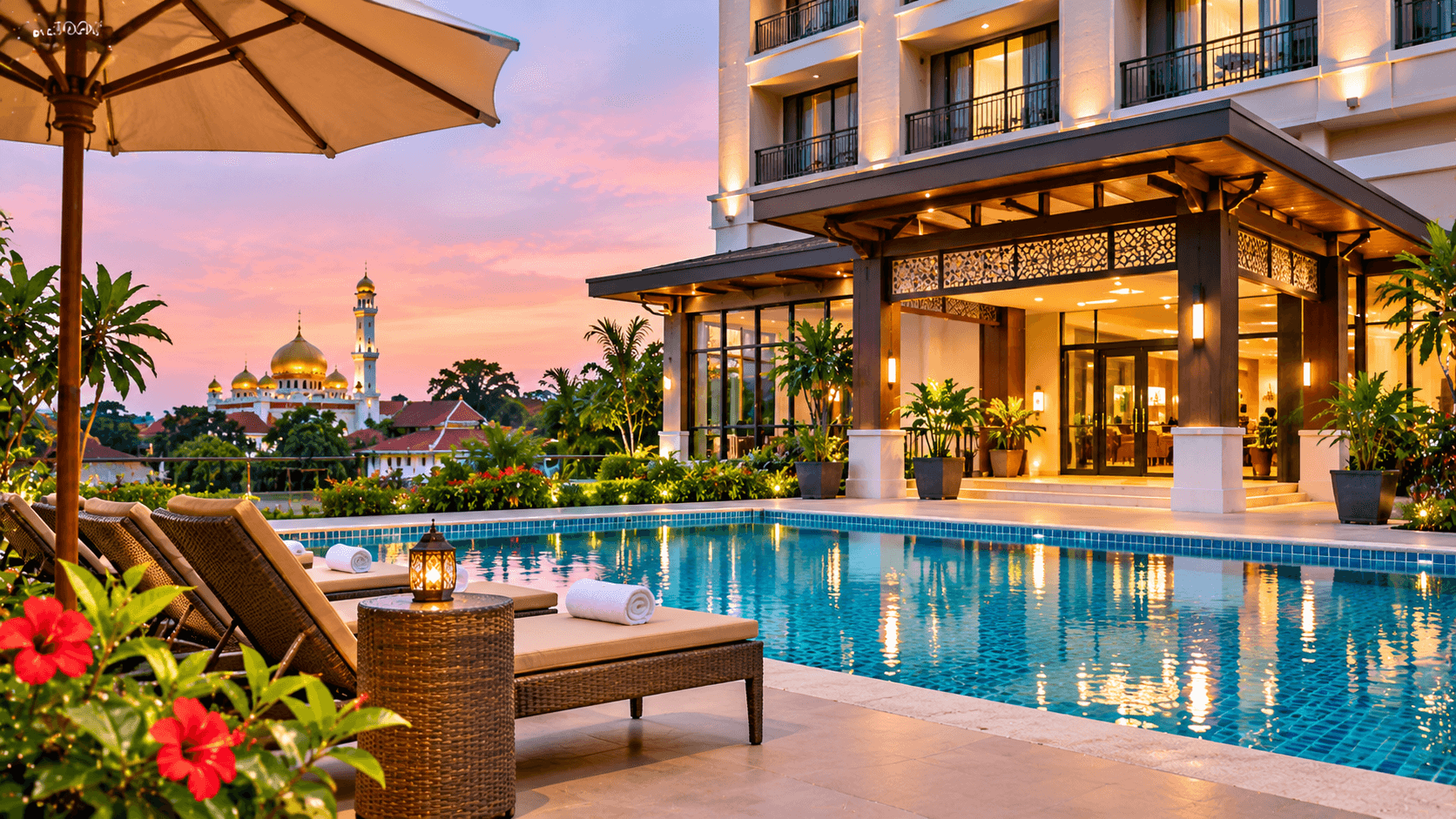 Hotel accommodation in Kota Bharu featuring a swimming pool, modern resort facilities, and a relaxing tropical setting.