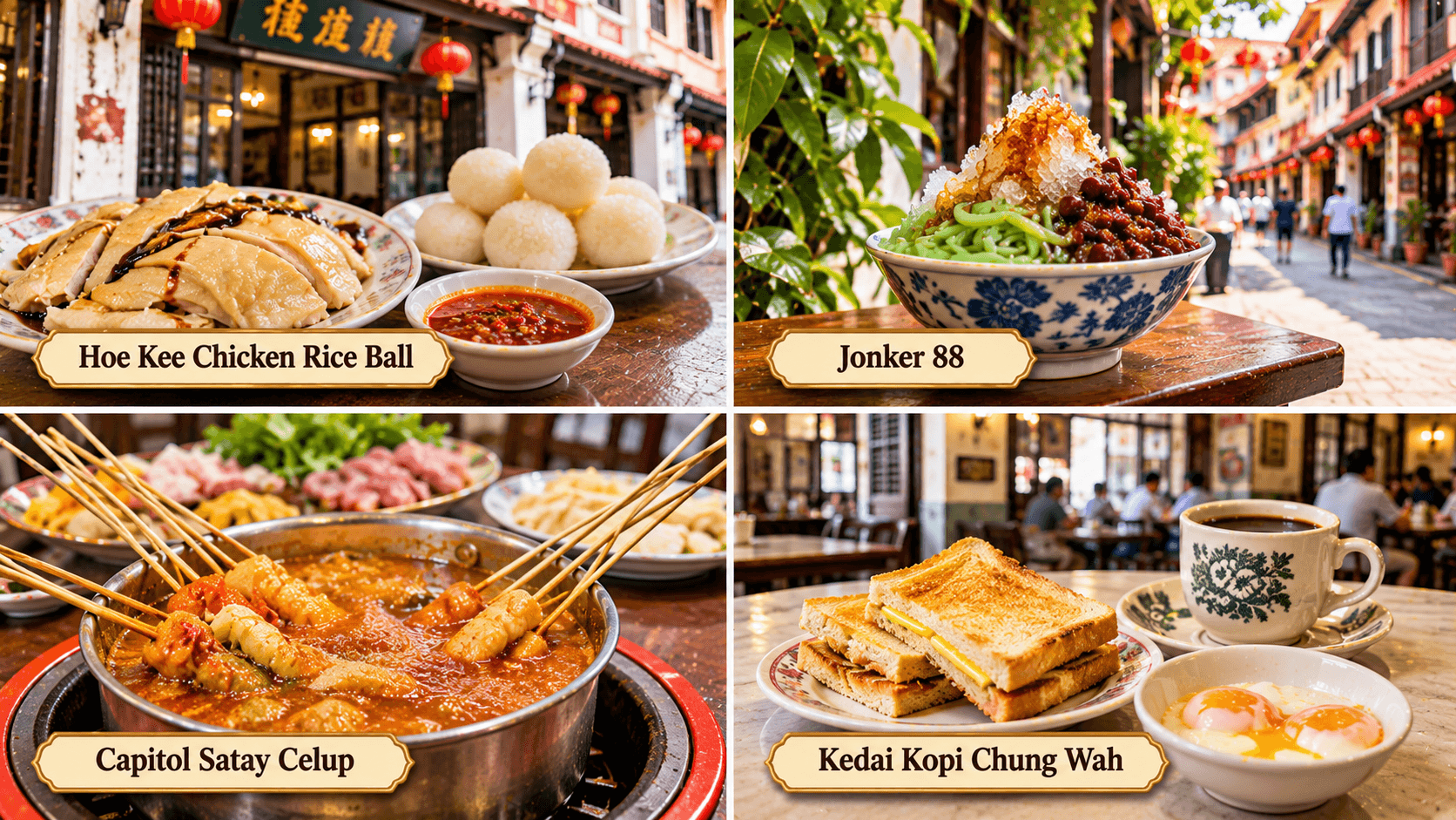 Classic Melaka food featuring chicken rice balls at Hoe Kee, cendol at Jonker 88, satay celup at Capitol, and traditional kaya toast at Kedai Kopi Chung Wah.