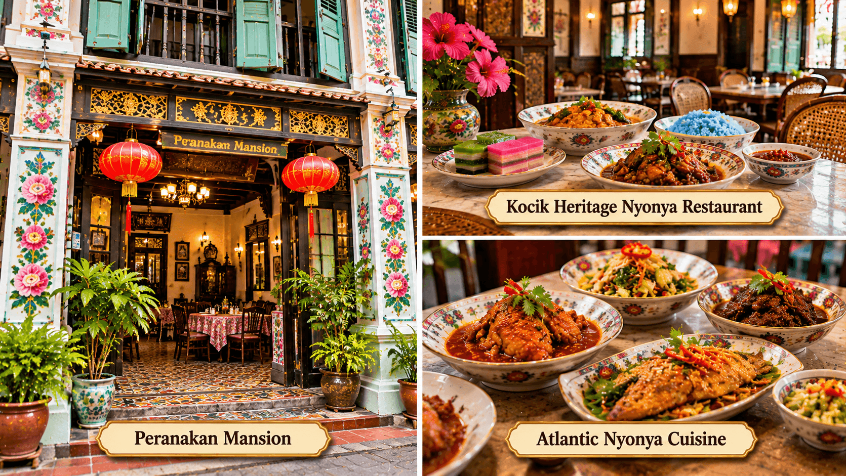 Nyonya and Peranakan dining in Melaka featuring Peranakan Mansion, Kocik Heritage Nyonya Restaurant, and Atlantic Nyonya Cuisine.