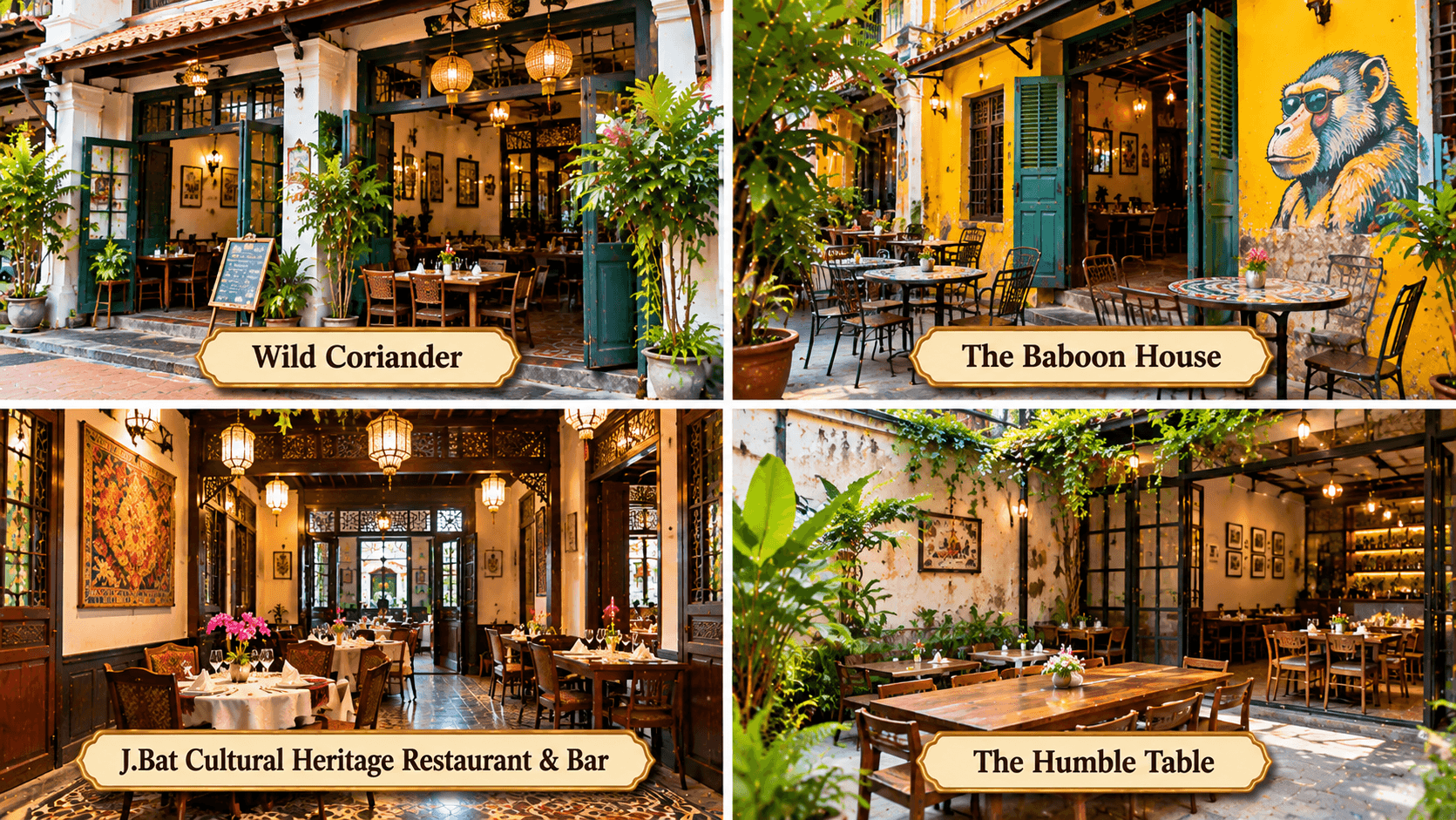 Modern and heritage-inspired restaurants in Melaka, including Wild Coriander, The Baboon House, J.Bat Cultural Heritage Restaurant & Bar, and The Humble Table.