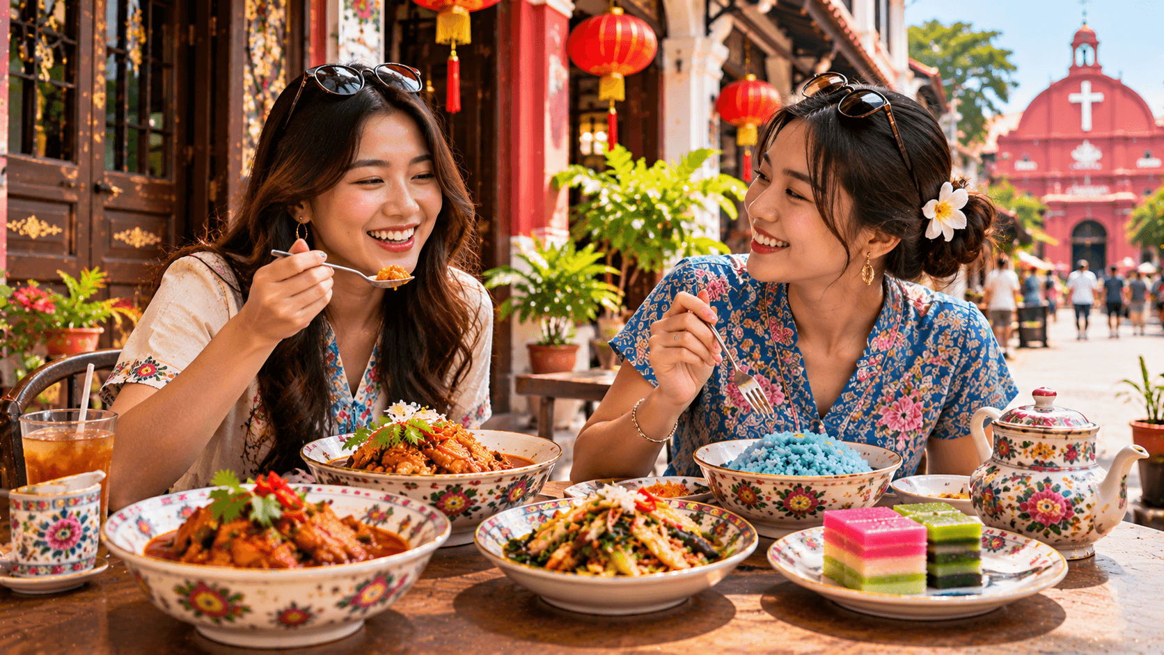 Two friends enjoying traditional Nyonya dishes at a heritage-style restaurant in Melaka.