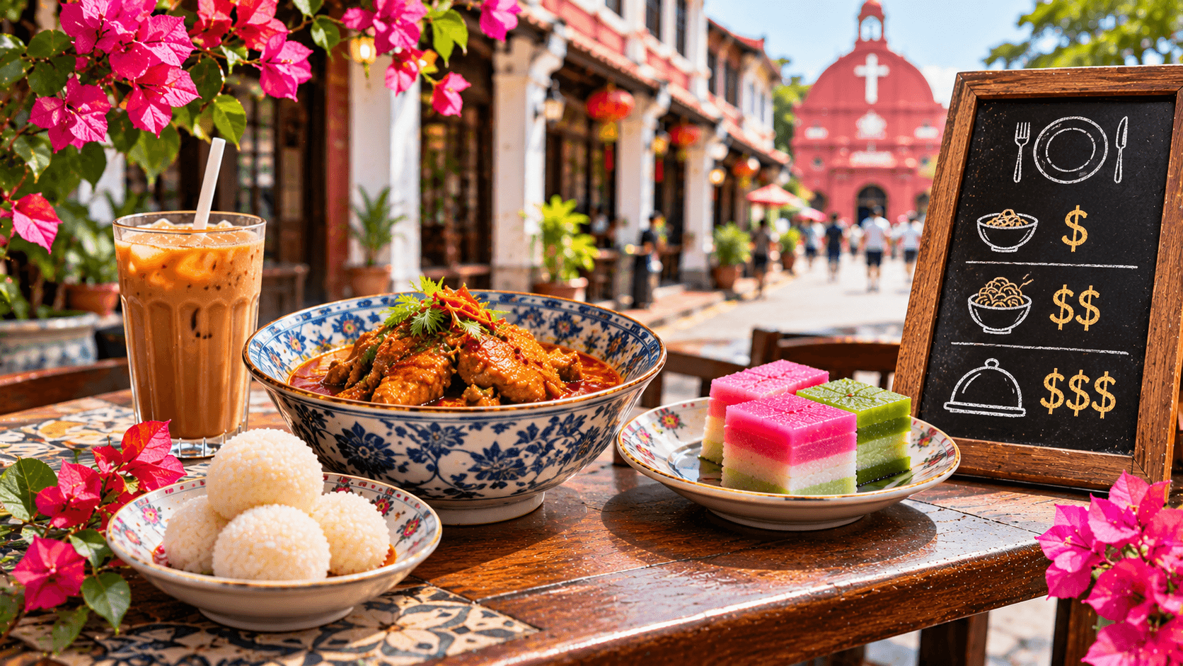 Traditional Melaka dishes, including Nyonya curry, chicken rice balls, and local desserts, displayed alongside a restaurant price guide.
