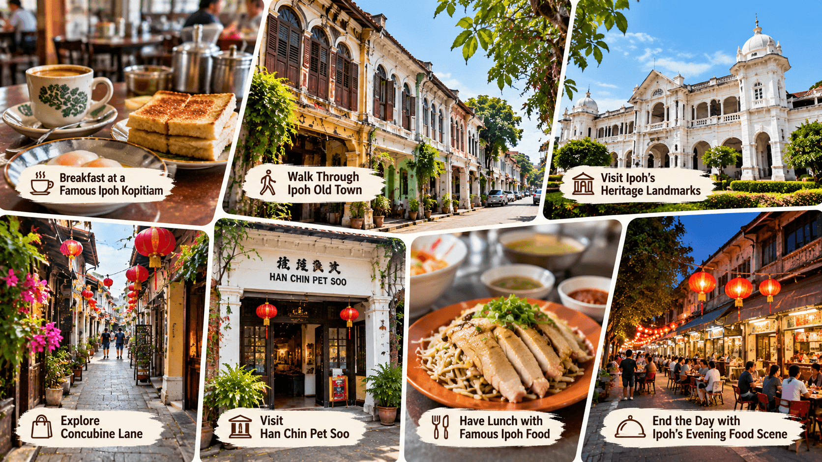 First day of an Ipoh itinerary featuring a traditional kopitiam breakfast, Ipoh Old Town, heritage landmarks, Concubine Lane, Han Chin Pet Soo, local food, and evening dining.