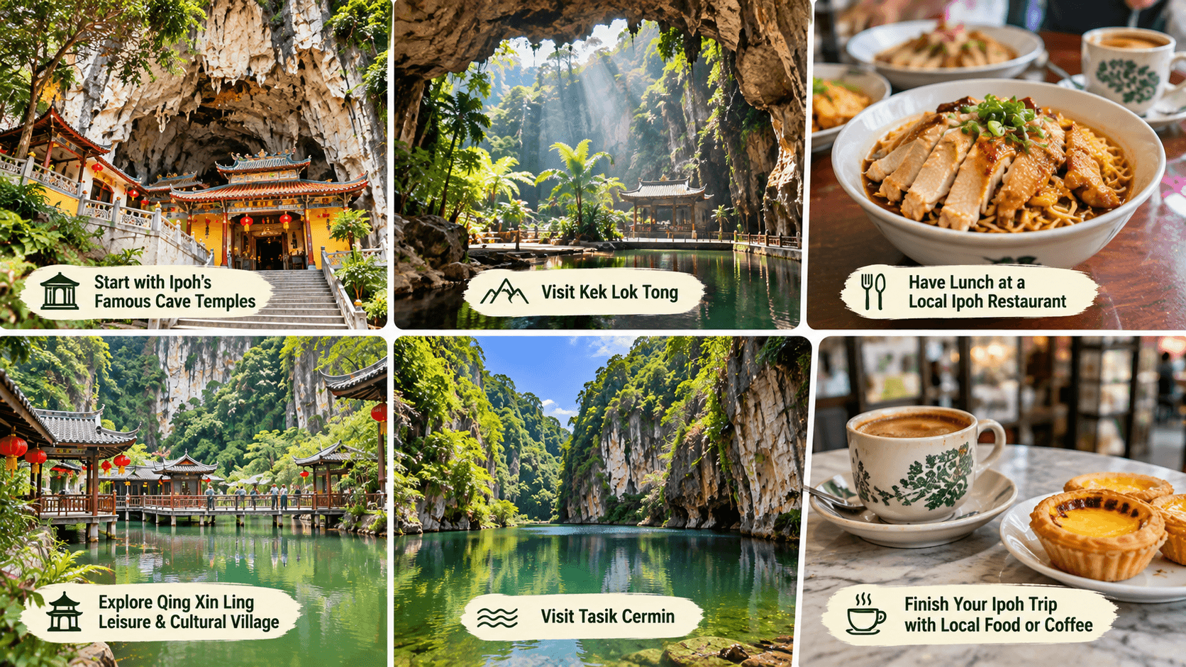 Second day of an Ipoh itinerary featuring limestone cave temples, Kek Lok Tong, local Malaysian food, Qing Xin Ling Cultural Village, and Tasik Cermin.