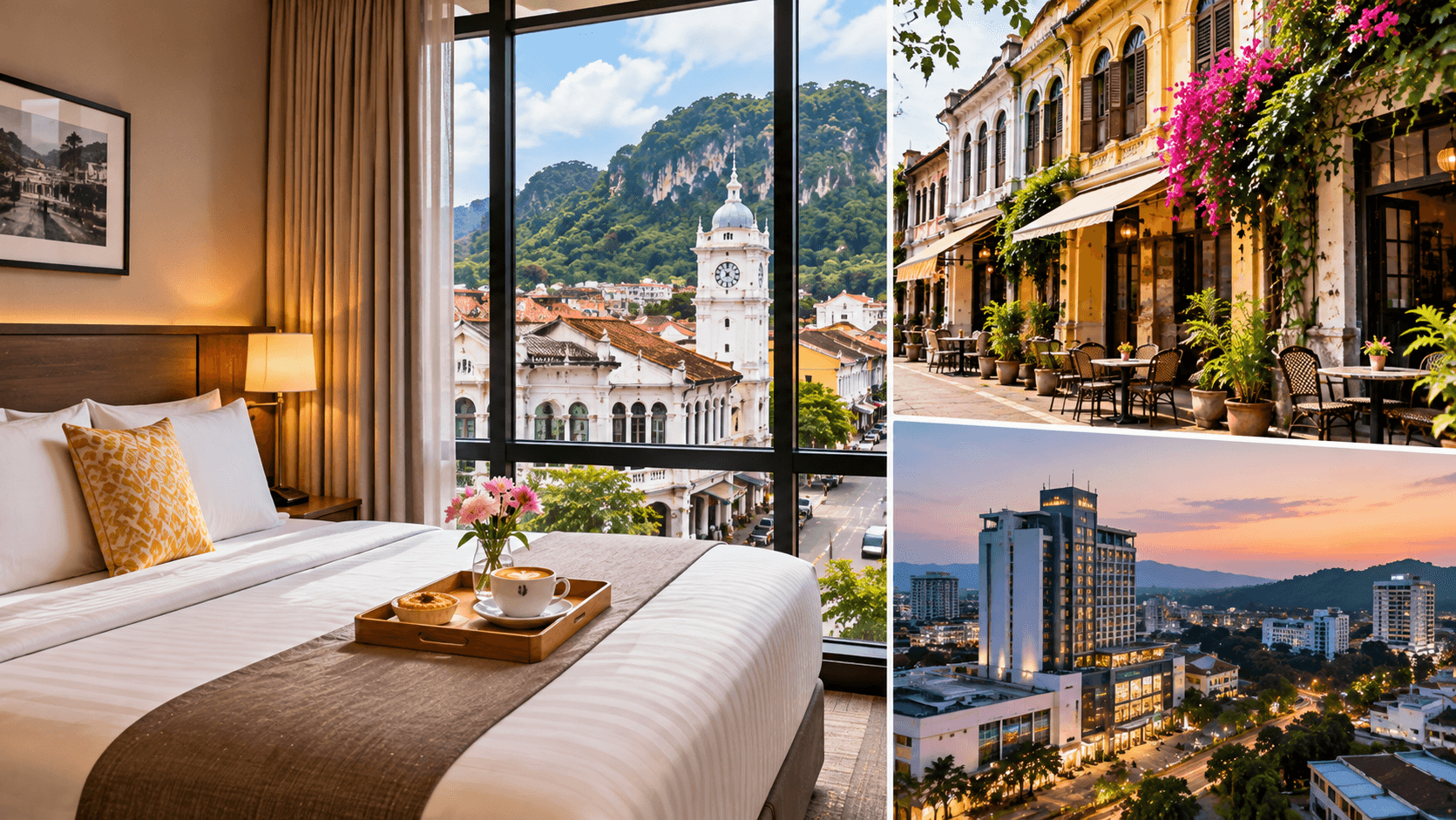 Accommodation options for 2 days in Ipoh, featuring a comfortable hotel room, heritage streets in Ipoh Old Town, and modern hotels in New Town.