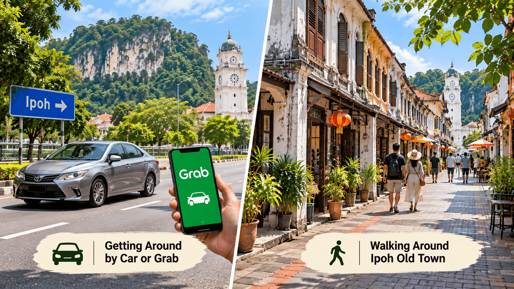 Getting around Ipoh by car or Grab, alongside visitors walking through the heritage streets of Ipoh Old Town.